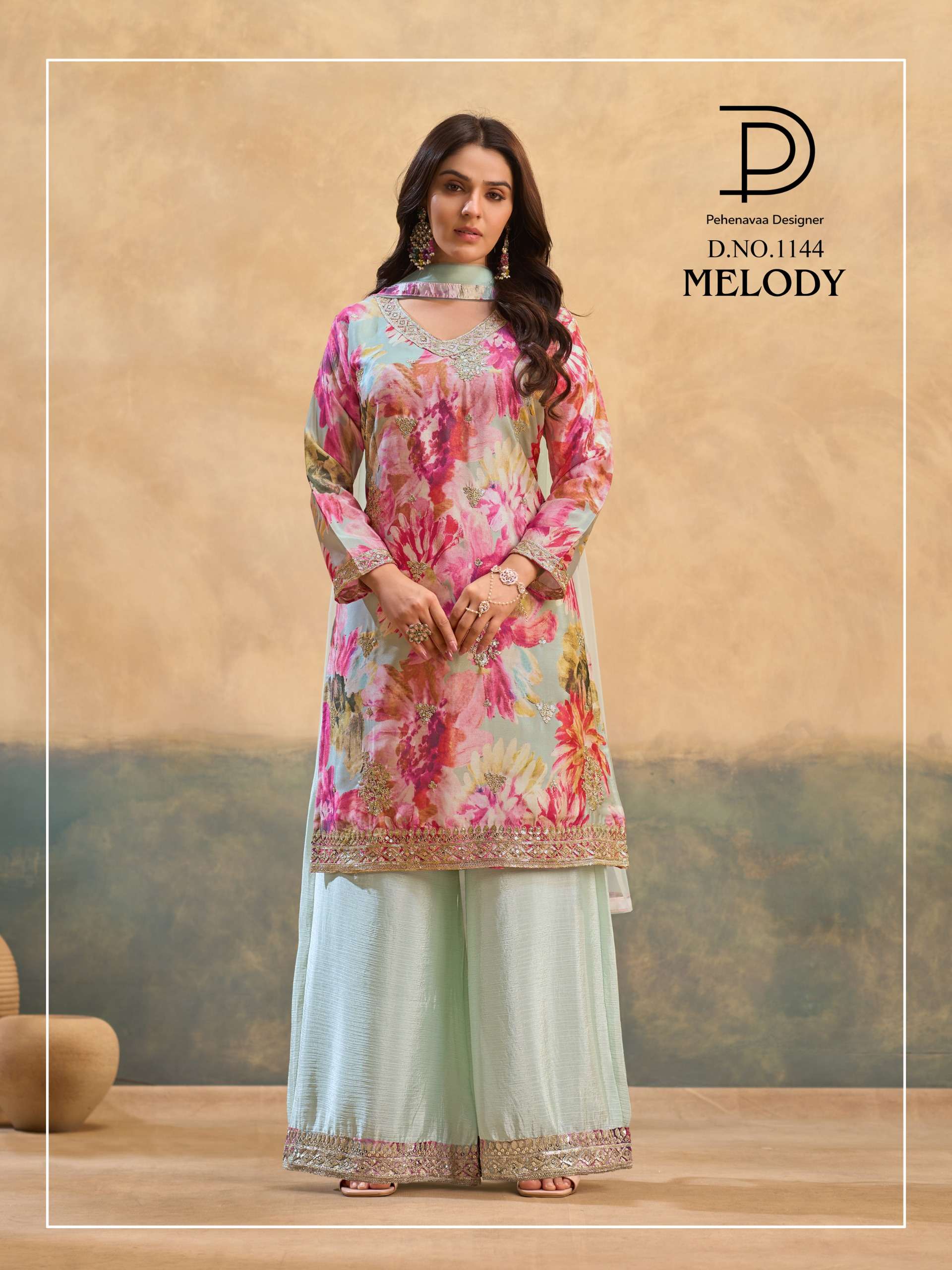 MELODY 1143 TO 1146 CHINON EMBROIDERY WORK PALAZZO TYPE SUIT THIS FESTIVAL TREND ONLINE